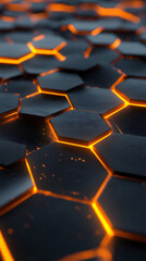 Poster - 3d rendering of a futuristic black hexagonal surface glowing with orange light, forming a honeycomb structure