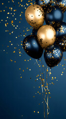 Aufkleber - Golden and navy balloons drifting with shimmering confetti against deep blue backdrop, evoking sophisticated party celebration