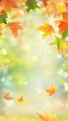 Aufkleber - Vibrant maple foliage drifting through sunlit woodland, generating soft bokeh against golden autumn landscape