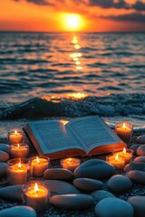 Wall Mural - Open book on beach with candles