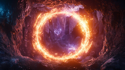 Wall Mural - A circular ring of glowing crystals in a hidden cave, magical energy pulsing in waves, illuminating ancient carvings on the stone walls. Elysian Radiance. Illustration