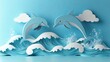 © Jersco - Dolphins jumping over waves in a whimsical paper cut style