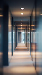 Leinwandbilder - Modern office corridor with glass walls and ceiling lights illuminating the floor, creating a sense of depth and perspective