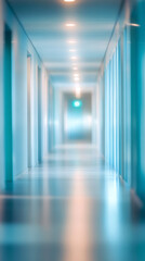 Poster - Long empty hospital corridor illuminated by ceiling lights stretching into the distance with a green exit sign visible at the end