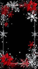 Aufkleber - Red and white poinsettia flowers and snowflakes are decorating a christmas vertical frame with black copy space