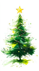 Aufkleber - Festive watercolor rendering showing decorated pine tree, golden star topping, sparkling ornaments, glowing festive illumination