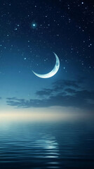 Wall Mural - Beautiful night scenery with crescent moon reflecting on calm ocean water under starry sky