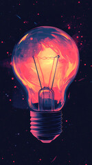 Aufkleber - Light bulb glowing with orange and purple light on dark background with stars, representing ideas, innovation and creativity