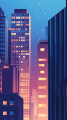 Aufkleber - Pixel art cityscape featuring towering skyscrapers silhouetted against vibrant sunset, depicting urban modernity