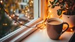 © Media Srock - Cozy Winter Window Scene: A Warm Mug of Coffee, Twinkling Lights, and a Plant