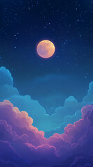 Wall Mural - Pink full moon glowing brightly amid twinkling stars and vibrant clouded nightscape