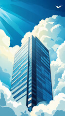 Fototapete - Sun rays filtering through clouds illuminating modern skyscraper, creating a sense of height and aspiration