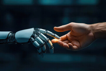 Poster - Robot hand touching human hand showing artificial intelligence and human connection