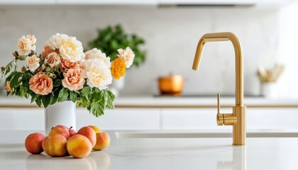 Poster - Golden faucet shining in a modern white kitchen with flowers and fruits
