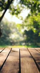 Aufkleber - Rustic wooden surface with soft-focus park scenery, offering elegant backdrop for product staging and visual storytelling