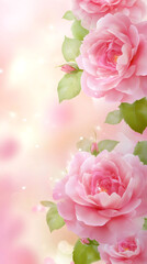 Aufkleber - Delicate pink roses blossoming against softly sparkling pastel backdrop, conveying elegant romantic mood