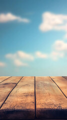 Aufkleber - Empty wooden table perspective with blurred beautiful cloudy blue sky background, suitable for product placement