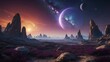 © Svitlana - 2.	Экзопланета мечты — величественный ландшафт инопланетной планеты с гигантскими скалами, сверкающими кристаллами и необычными фиолетовыми растениями. В небе видны два солнца и кольцевая система сосе