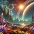© Svitlana - 2.	Экзопланета мечты — величественный ландшафт инопланетной планеты с гигантскими скалами, сверкающими кристаллами и необычными фиолетовыми растениями. В небе видны два солнца и кольцевая система сосе
