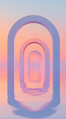 Leinwandbilder - Sunset arch silhouettes reflecting on calm water, blending deep purple hues with vivid orange gradients across serene landscape