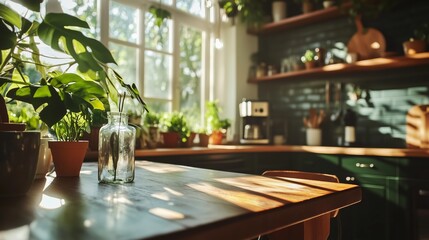 Wall Mural - sunlight filters through a cozy kitchen adorned with greenery and wooden accents in a tranquil morni