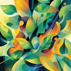Wall Mural - abstract representation of musical instrument surrounded by foliage leaves