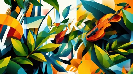 Wall Mural - abstract artwork featuring a violin nestled in colorful foliage elements