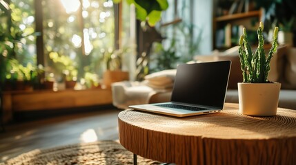Wall Mural - cozy workspace with laptop and plants in a sunlit room creating a serene atmosphere for productivity