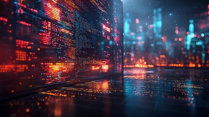 Digital Code Wall in Futuristic Cityscape