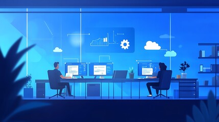 Developers working on computers in modern office with digital interface


