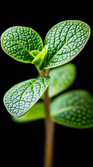 Aufkleber - Verdant seedling thriving, green foliage delicately detailed against deep black backdrop, showcasing microscopic botanical intricacy