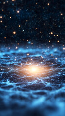 Poster - Glowing particles forming a wavy surface under a starry sky, creating an abstract and futuristic landscape