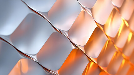 Three Dimensional Orange and Silver Metallic Wavy Grid Pattern with Geometric Shapes an Abstract Modern Background