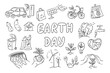 © Olena - arth Day black and white doodle illustration with eco-friendly symbols like renewable energy, recycling, electric vehicles, and environmental conservation. Vector line art drawings for coloring pages
