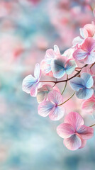 Poster - Soft pastel hydrangeas blending pink and blue hues, featuring delicate, layered petals forming dreamy floral landscape