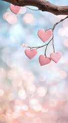 Aufkleber - Pink hearts dangling from bare tree branch, soft bokeh background highlighting romantic seasonal decor