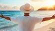 © SerPhoto - Man with arms outstretched at beach during sunset, embracing tranquility, enjoying nature’s beauty, and feeling the ocean breeze on a warm evening