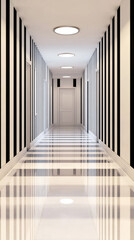 Poster - Empty modern corridor with black and white striped walls and shiny marble floor reflecting light from ceiling lamps