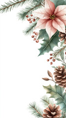 Aufkleber - Watercolor Christmas border with poinsettia, pine cones, fir branches and red berries decorating a white background, perfect for greeting cards