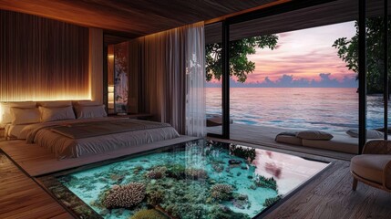 a stunning beachfront villa features a breathtaking glass floor showcasing a vibrant coral reef belo