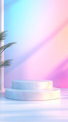 Aufkleber - Marble pedestal standing on wooden surface, pastel colors and tropical palm fronds surrounding minimalist product display area