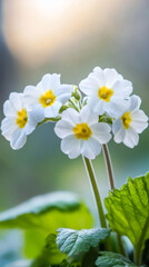 Fototapete - White primula vulgaris flowers with yellow center and green leaves blooming in spring season with blurred background