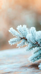 Poster - Close-up view of hoarfrost delicately coating pine needles on a rustic wooden surface, capturing the essence of a serene winter landscape
