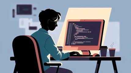 Silhouette of a person coding at a desk with a glowing screen