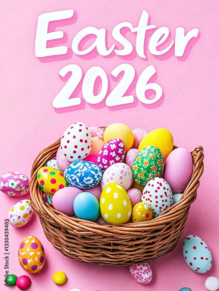 Easter Eggs 2026 Basket - Colorful Easter eggs in a wicker basket on a