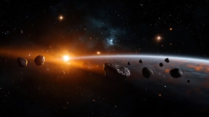 Wall Mural - numerous asteroids float in the vastness of space, catching the warm light from a distant star. a vi