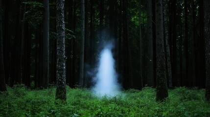 Wall Mural - a swirling cloud of mist rises from the ground in a dark forest, surrounded by tall trees and lush u