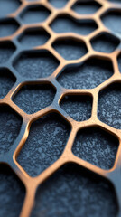 Leinwandbilder - Golden honeycomb grid structure laying on a dark textured surface, creating a futuristic and technological background