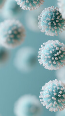 Poster - Microscopic viral cells hovering in blue digital space, representing pathogen transmission and potential medical implications