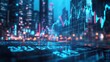 © SKIMP Art - A stock market scene with a city background and numbers, the text, in a blue color theme, set at night Generative AI